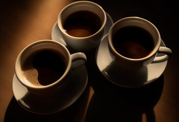 three different cups of coffee on a table, in the style of aerial view