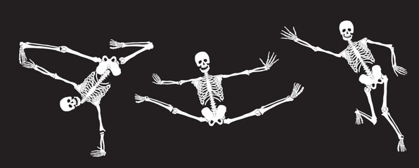 White active skeletons on black. Set #3. Vector
