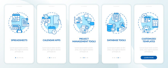 Editorial calendar tools blue onboarding mobile app screen. Publish online walkthrough 5 steps editable graphic instructions with linear concepts. UI, UX template. Myriad Pro-Bold, Regular fonts used
