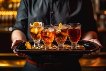 Glasses alcohol cocktail set and beer on a waiter tray. Generative AI