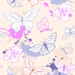 Fototapeta na wymiar grunge seamless pattern with butterflies and blots