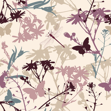 floral seamless pattern with butterflies and dragonfly