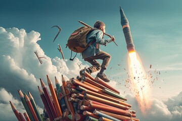 Back to school, boy with a bag in a rocket. Created with generative AI technology. - obrazy, fototapety, plakaty