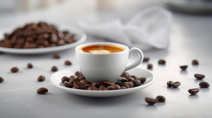 hot espresso and coffee bean on white table with soft-focus and over light in the background. top view 