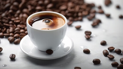 hot espresso and coffee bean on white table with soft-focus and over light in the background. top view