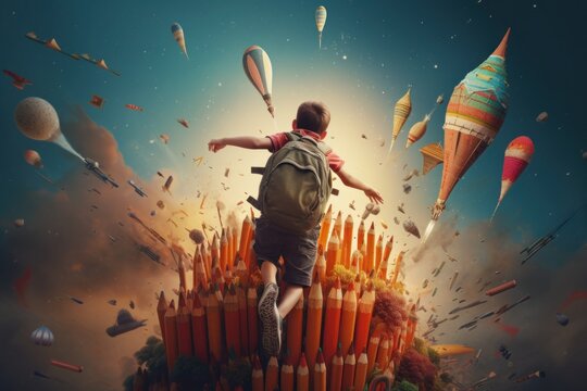 Back to school, boy with a bag in a rocket. Created with generative AI technology.