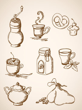 set of vector hand drawn  coffee icons in retro style