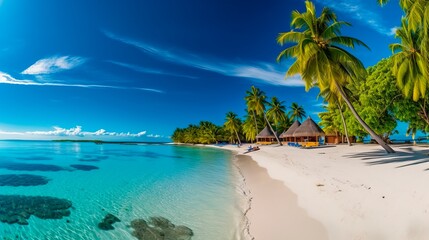 Fototapeta na wymiar A stunning panorama of a pristine tropical paradise beach: pure white sands meeting crystal clear, shimmering turquoise water, dotted with vibrant, lush palm trees providing pockets of shade