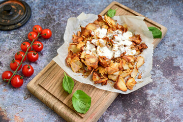  Portion of Spicy  kebab  Chicken  duner  gyros with french fries and garlic sauce  on  wooden board