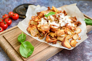  Portion of Spicy  kebab  Chicken  duner  gyros with french fries and garlic sauce  on  wooden board