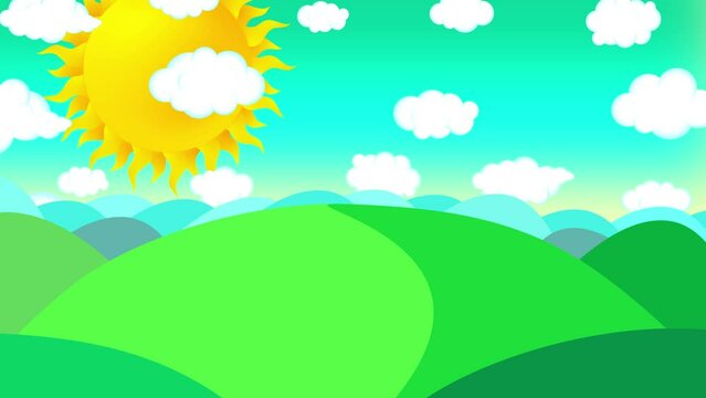Cartoon green meadow mountain field with moving clouds. Landscape background with yellow sun seamless loop.