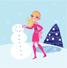 Cute blond woman building snowman. Vector illustration.