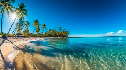 A stunning panorama of a pristine tropical paradise beach: pure white sands meeting crystal clear, shimmering turquoise water, dotted with vibrant, lush palm trees providing pockets of shade