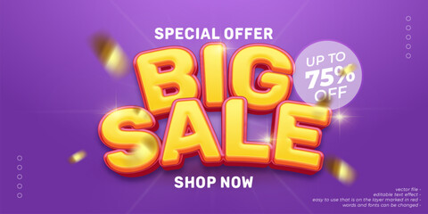 Big sale banner template design with 3D style editable text effect