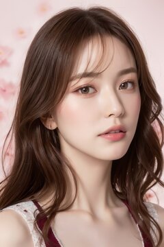 Portrait of beautiful Japanese women with burgundy color wavy hair in ballet dress with flowers by generative AI