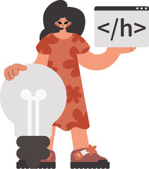 The energized woman is holding a browser window with a programming picture, and to boot standing near a colossal light bulb. Pulled back on white establishment. Trendy style, Vector Illustration