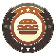 Hamburger, food or restaurant icon on round red and brown imperial vector button with star accents
