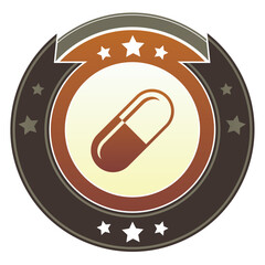 Pill, pharmaceutical, or healthcare icon on round red and brown imperial vector button with star accents