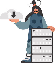 The energized woman is holding a data cloud and a server. Restricted. Trendy style, Vector Illustration