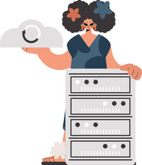 The energized lady is holding a information cloud and a server. Limited. Trendy style, Vector Illustration