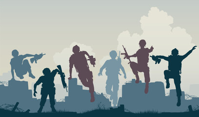 Fototapeta na wymiar Editable vector silhouettes of armed soldiers charging forward