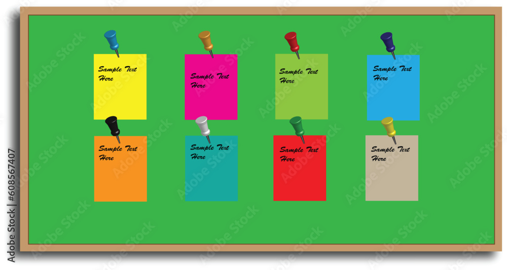 Poster a vector green office noticeboard with reminder memos and pushpins with editable text usable as back