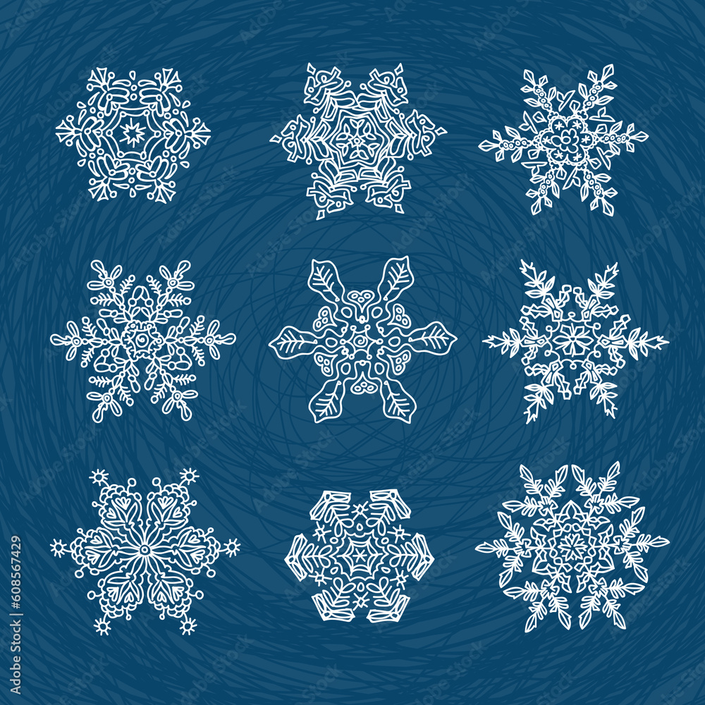 Poster macro-structure of real snowflakes, transformed and drawn as ornamental usable shapes. set of nine f