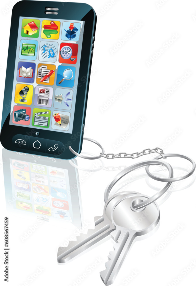 Aufkleber illustration of mobile phone with keys attached. concept for secure phone access or phone unlocking.