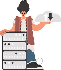The boy is holding a data cloud and a server. Detached. Trendy style, Vector Illustration