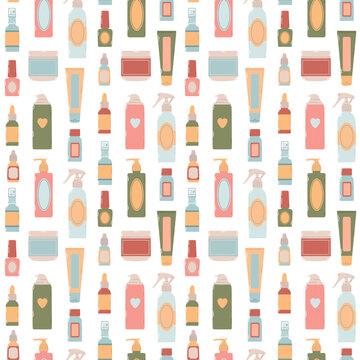 Seamless pattern of different bottles, flacons, sprays for design cosmetic products in flat vector illustration of warm palette. Cosmetology, dermatology, podology