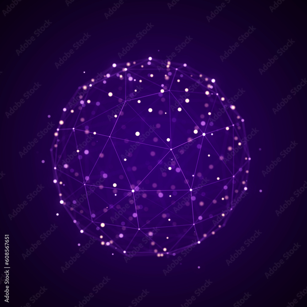 Poster sphere made up of points and lines on violet background. network connection structure. big data visu