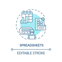 Spreadsheets turquoise concept icon. Project management. Business software. Editorial calendar. Tracking data abstract idea thin line illustration. Isolated outline drawing. Editable stroke