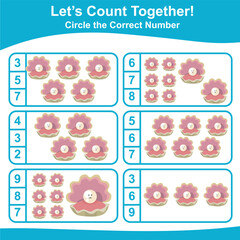 Let’s counting the pearl oysters together and circle the correct number on the page. Educational printable math worksheet. Math game for children with cute sea animals character. Vector illustration f - obrazy, fototapety, plakaty