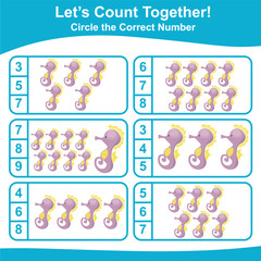 Let’s counting the seahorse together and circle the correct number on the page. Educational printable math worksheet. Math game for children with cute sea animals character. Vector illustration file.