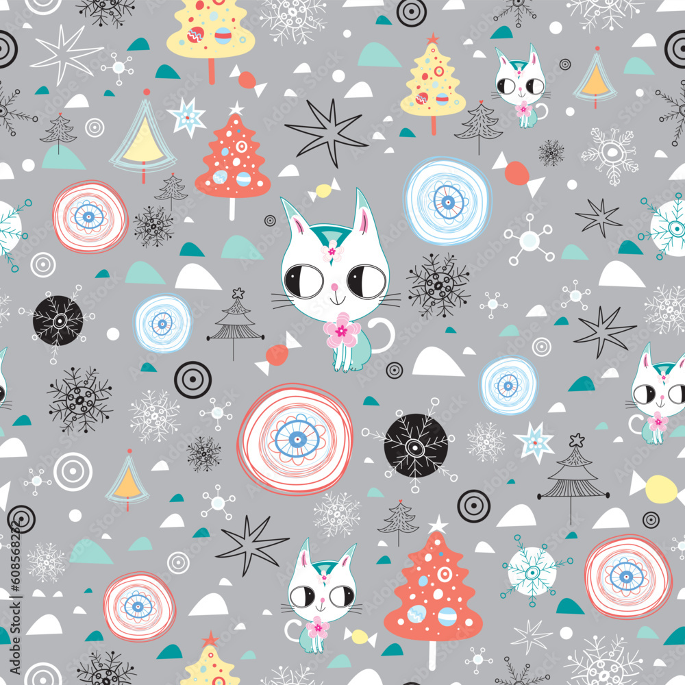 Poster New seamless pattern of trees and kittens on a gray background with snowflakes and candy