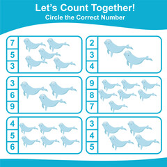Let’s counting the belugas together and circle the correct number on the page. Educational printable math worksheet. Math game for children with cute sea animals character. Vector illustration file.