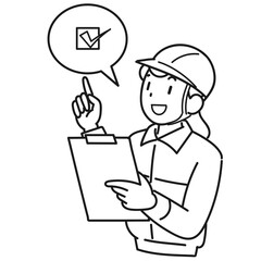 バインダーを片手に指差しをする作業着の女性の上半身