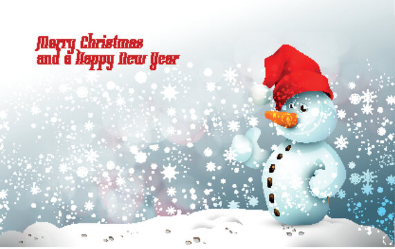 Snowman with Santa's Hat in Frozen Winter | Christmas Greeting Background | Layered EPS10 Vector Graphic