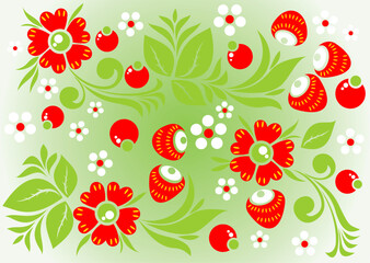 Pattern with strawberry flowers and leaves on a white background.