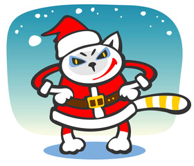 Cartoon angry Santa cat  on a blue background. Christmas illustration.