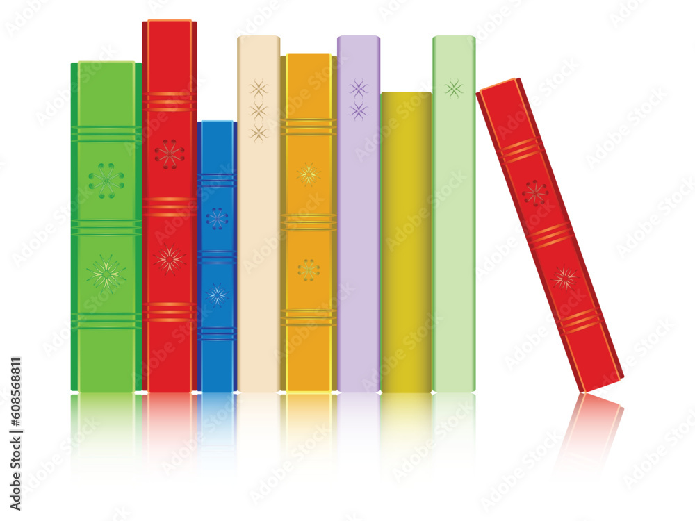 Poster books in a row reflected against white background; abstract vector art illustration; image contains 