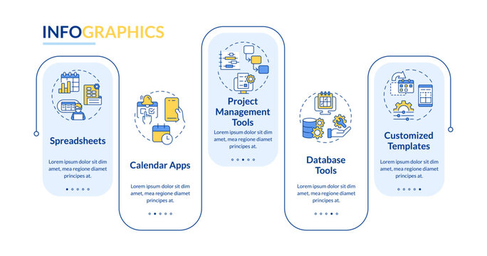 Editorial calendar tools rectangle infographic template. Content plan. Data visualization with 5 steps. Editable timeline info chart. Workflow layout with line icons. Lato-Bold, Regular fonts used