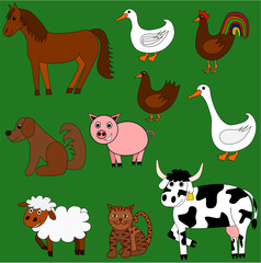 Illustration of cute farm animals with green background