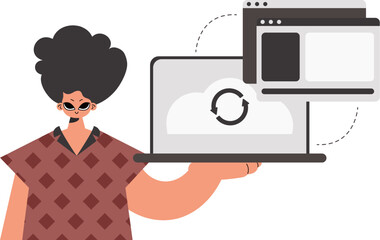 The individual is holding a tablet in which data is being synchronized. Limited. Trendy style, Vector Illustration