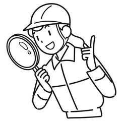 虫メガネを覗き込んで調べている作業着の女性の上半身