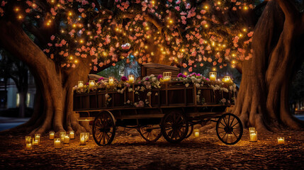 Fototapeta premium Halloween horse carriage with pumpkin and candles in the park