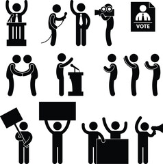 A set of people pictogram representing politician, reporter, supporters, government, citizens, and protesters.