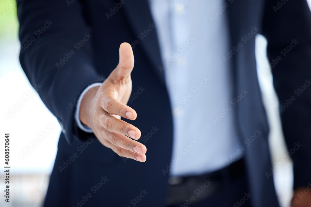 Poster business, man and hand with negotiation in closeup for an interview with entrepreneur at a company. 