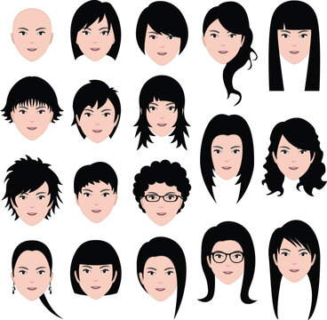 A set of woman faces with different styles.
