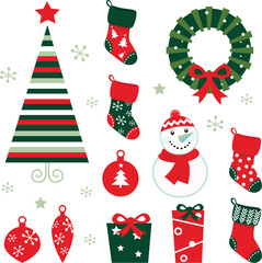 Retro elements for christmas evening. Vector cartoon illustration
